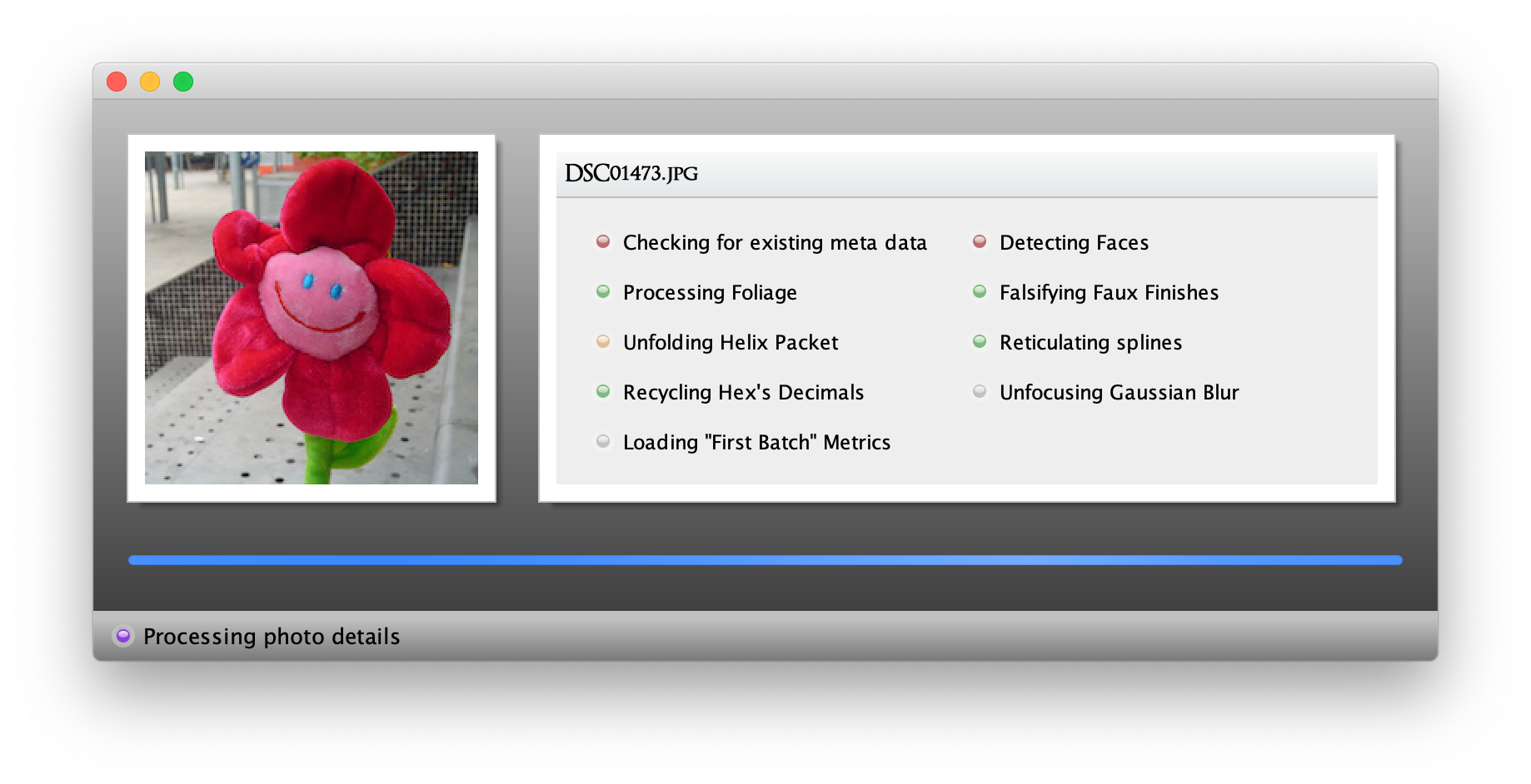 Prototype image processing application with status icons